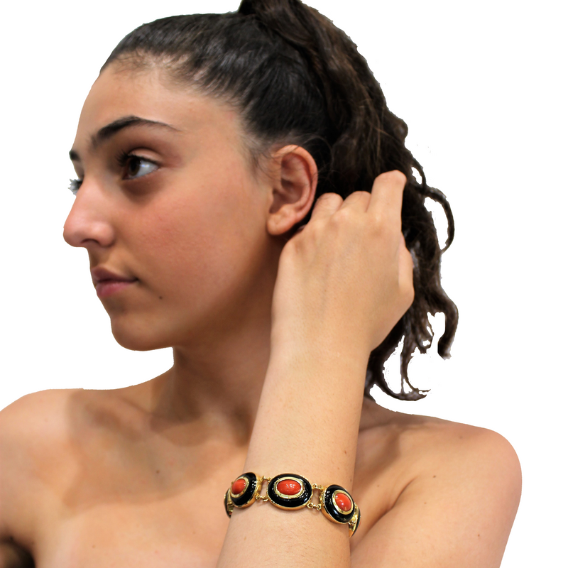 BRACCIALE OVALI ORO 18 CARATI CORALLO E AGATA NERA