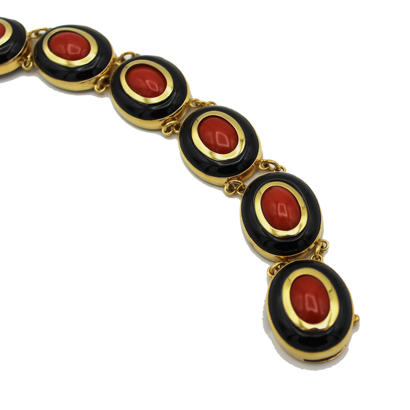 BRACCIALE OVALI ORO 18 CARATI CORALLO E AGATA NERA